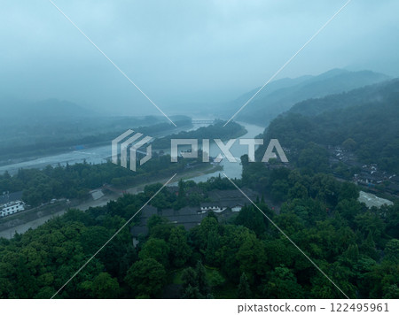 Aerial view of landscape in dujiangyan,Sichuan province,China Aerial view of landscape in dujiangyan,Sichuan province,China 122495961