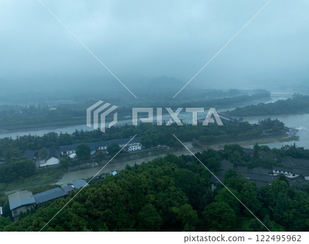 Aerial view of landscape in dujiangyan,Sichuan province,China Aerial view of landscape in dujiangyan,Sichuan province,China 122495962