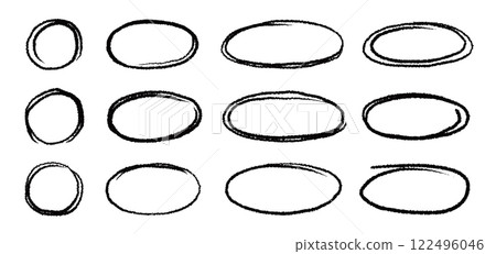 Marker brush marker scribble line circle frame shape set. Hand drawn marker crayon brush stroke highlight round, circular highlight frame element. Scribble sketch round hand drawn vector 122496046