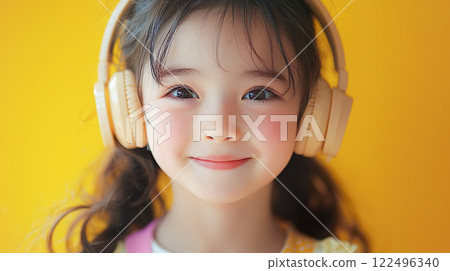 戴著黃色耳機的可愛微笑女孩 122496340