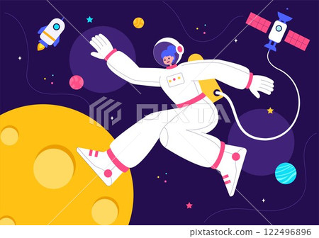 Space Exploration Vector Illustration featuring an Astronaut Floating in Outer Space Among Planets and a Rocket Embarking on a Galaxy Adventure 122496896