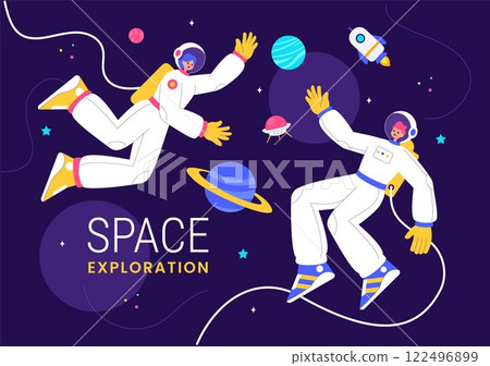 Space Exploration Vector Illustration featuring an Astronaut Floating in Outer Space Among Planets and a Rocket Embarking on a Galaxy Adventure 122496899