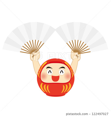 Illustration of a Daruma doll holding a white fan in each hand 122497027