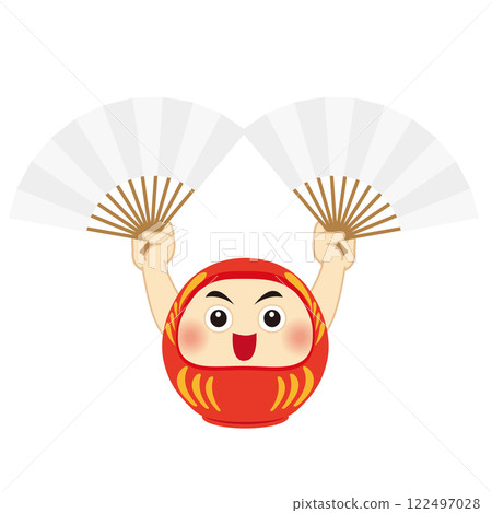 Illustration of a Daruma doll holding a white fan in each hand 122497028