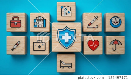 Health Insurance and Medical Care Concept with Wooden Blocks and Healthcare Icons on Blue Background. Health Insurance and Medical Care Concept with Wooden Blocks and Healthcare Icons on Blue Background. 122497171
