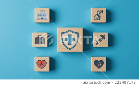 Health Insurance and Medical Care Concept with Wooden Blocks and Healthcare Icons on Blue Background. Health Insurance and Medical Care Concept with Wooden Blocks and Healthcare Icons on Blue Background. 122497172