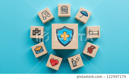 Health Insurance and Medical Care Concept with Wooden Blocks and Healthcare Icons on Blue Background. Health Insurance and Medical Care Concept with Wooden Blocks and Healthcare Icons on Blue Background. 122497174