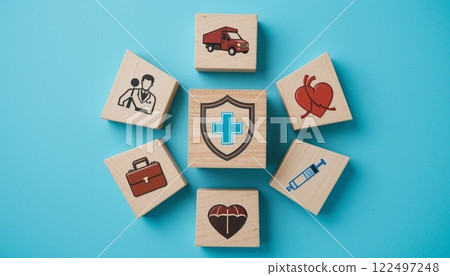Health Insurance and Medical Care Concept with Wooden Blocks and Healthcare Icons on Blue Background. Health Insurance and Medical Care Concept with Wooden Blocks and Healthcare Icons on Blue Background. 122497248