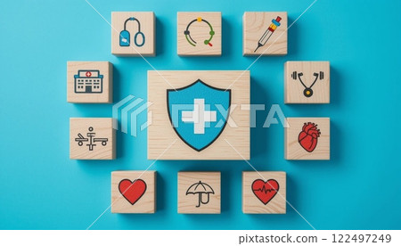 Health Insurance and Medical Care Concept with Wooden Blocks and Healthcare Icons on Blue Background. Health Insurance and Medical Care Concept with Wooden Blocks and Healthcare Icons on Blue Background. 122497249