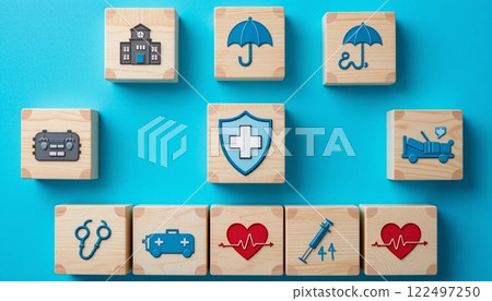 Health Insurance and Medical Care Concept with Wooden Blocks and Healthcare Icons on Blue Background. Health Insurance and Medical Care Concept with Wooden Blocks and Healthcare Icons on Blue Background. 122497250