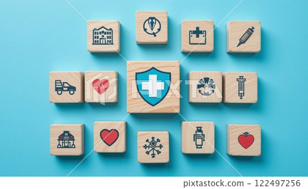 Health Insurance and Medical Care Concept with Wooden Blocks and Healthcare Icons on Blue Background. Health Insurance and Medical Care Concept with Wooden Blocks and Healthcare Icons on Blue Background. 122497256