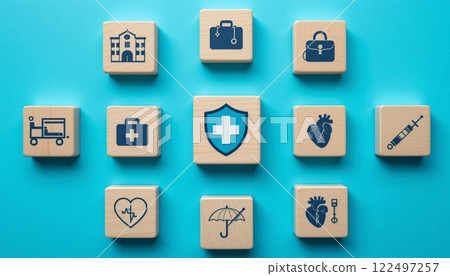 Health Insurance and Medical Care Concept with Wooden Blocks and Healthcare Icons on Blue Background. Health Insurance and Medical Care Concept with Wooden Blocks and Healthcare Icons on Blue Background. 122497257