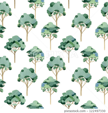 Green tree elegant forest seamless pattern element. Hand drawn trees on white background. Eucalyptus forest painted watercolor illustration design, perfect for textile, printing, wrapping paper 122497330