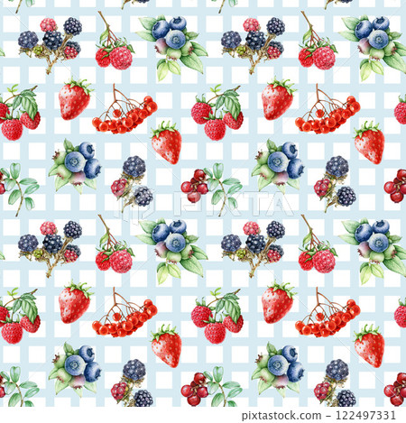 Fresh garden berries on checkered background seamless pattern. Hand drawn blueberry, raspberry, strawberry, blackberry fruit. Garden berries vintage style illustration seamless pattern design element 122497331