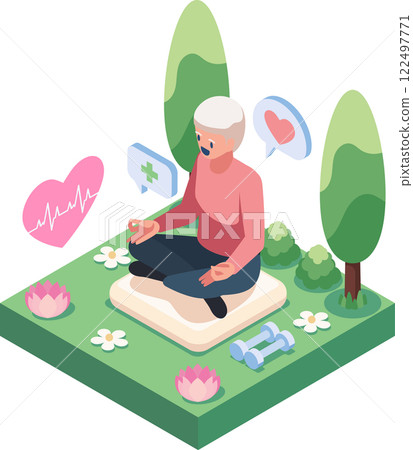 Isometric Elderly Meditating in a Park with Health and Wellness Icon 122497771