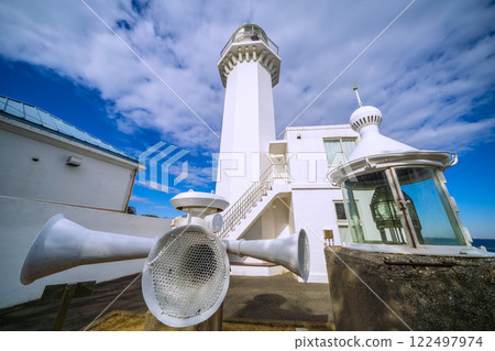 Yokosuka cityscape in Japan, overlooking the Kannonzaki Lighthouse and other landmarks 122497974