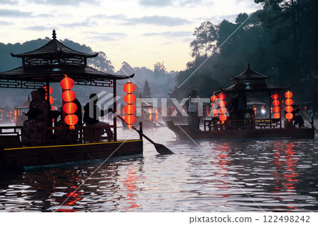 Boat trip on the lake in the morning at Ban Rak thai village  122498242