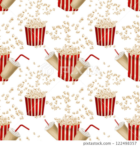 Popcorn in bags and boxes. scatters in different directions. drinks in paper glasses. Seamless pattern with snack. Watercolor illustration without background. Red stripe. Classic retro style. Popcorn in bags and boxes. scatters in different directions. drinks in paper glasses. Seamless pattern with snack. Watercolor illustration without background. Red stripe. Classic retro style. 122498357