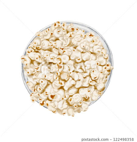 Popcorn in a glass bowl. Top view. Round plate with snacks. watercolor illustration isolated from background. Popcorn for packaging and menu. An airy, salty, sweet party snack. Popcorn in a glass bowl. Top view. Round plate with snacks. watercolor illustration isolated from background. Popcorn for packaging and menu. An airy, salty, sweet party snack. 122498358