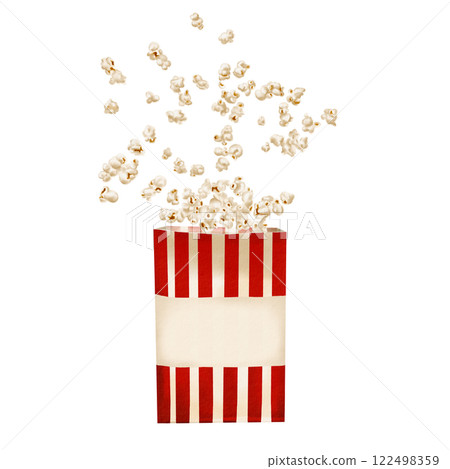 Popcorn flies out of a paper bag. A small crispy snack flies in different directions. Striped paper bag. Classic retro style for movies and parties. watercolor illustration isolated from background.  122498359