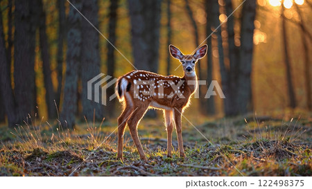 Graceful Fawn Stands Alert in Forest During Golden Hour Light With Trees in the Background 122498375