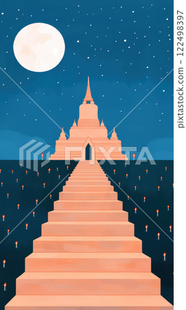 serene candlelit path leads to grand temple under full moon serene candlelit path leads to grand temple under full moon 122498397
