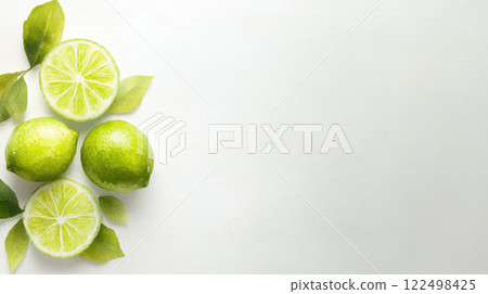 Fresh green limes with leaves on light background, perfect for culinary use Fresh green limes with leaves on light background, perfect for culinary use 122498425