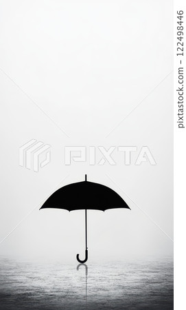 simple black umbrella silhouette stands alone in misty environment simple black umbrella silhouette stands alone in misty environment 122498446
