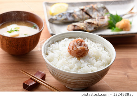 Pickled plums served on rice Kishu Nanko plums (honey plums) 122498953