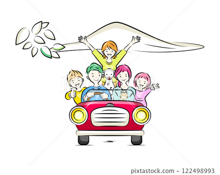 Family driving in a car, including pet dog and cat | Family series 122498993