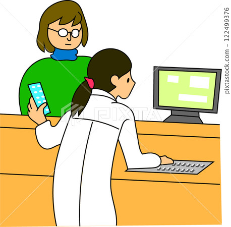 Illustration of a pharmacist prescribing medicine while checking the patient's medical history 122499376