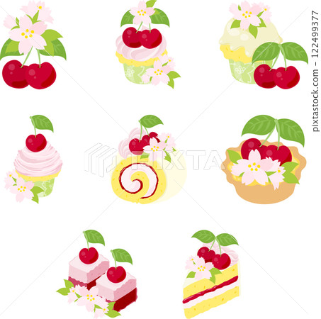 以櫻花和櫻桃為裝飾的充滿春天氣息的甜點圖標套裝。 122499377