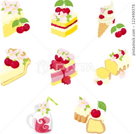 以櫻花和櫻桃為裝飾的充滿春天氣息的甜點圖標套裝。 122499378
