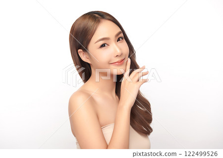 Beautiful young asian woman with clean fresh skin on white background, Face care, Facial treatment, Cosmetology, beauty and spa, Asian women portrait. 122499526