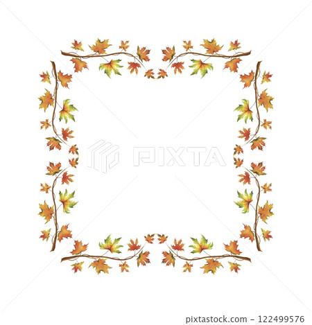 Autumn square frame made of maple branches. Isolated illustration on a white background. Autumn square frame made of maple branches. Isolated illustration on a white background. 122499576