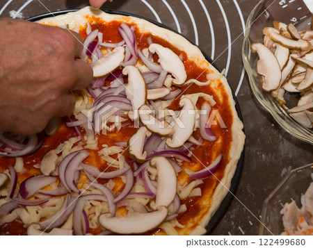 Preparing seafood homemade pizza. close up. 122499680
