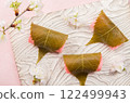 Three Kanto-style Sakura Mochi (aerial view) 122499943