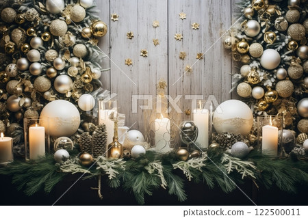 Stylish and elegant holiday decor in a top down flat lay 122500011