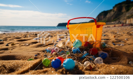 Littering in coastal village with discarded beach toys 122500106