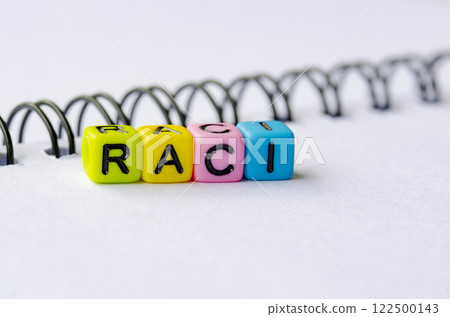 RACI text on colorful plastic alphabet beads representing responsible, Accountable, Consulted, and Informed. RACI text on colorful plastic alphabet beads representing responsible, Accountable, Consulted, and Informed. 122500143