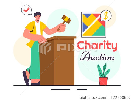 Charity Auction Vector Illustration featuring a Fundraising Event Where Valuable Items are Sold Through Bidding and Donations to Support Generosity Charity Auction Vector Illustration featuring a Fundraising Event Where Valuable Items are Sold Through Bidding and Donations to Support Generosity 122500602