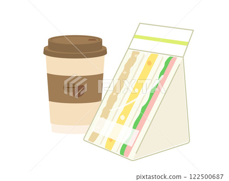 Illustration of a sandwich and takeaway coffee snack 122500687