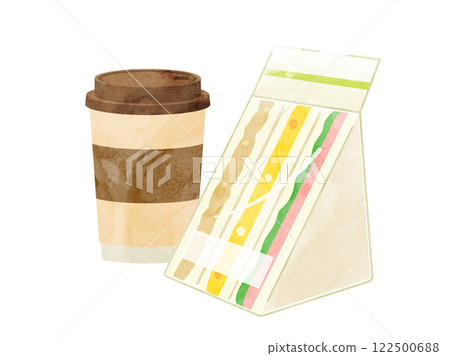 Illustration of a sandwich and takeaway coffee snack - watercolor version 122500688