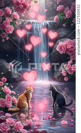 Heartfall: A Love Waterfall Scene. A Valentine-themed waterfall where glowing hearts cascade like water, surrounded by soft floral tones and two cats playing by the waters edge. Heartfall: A Love Waterfall Scene. A Valentine-themed waterfall where glowing hearts cascade like water, surrounded by soft floral tones and two cats playing by the waters edge. 122500932