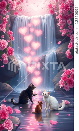 A Valentine-themed waterfall where glowing hearts cascade like water, surrounded by soft floral tones and two cats playing by the waters edge. A Valentine-themed waterfall where glowing hearts cascade like water, surrounded by soft floral tones and two cats playing by the waters edge. 122500934
