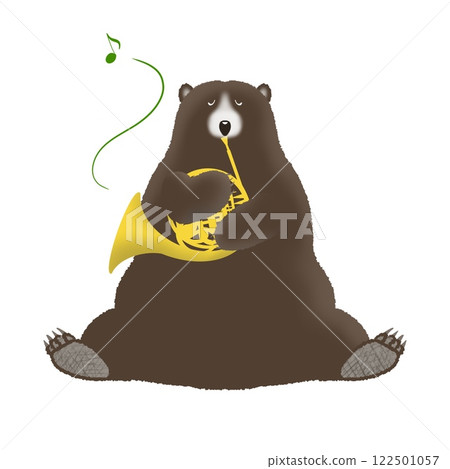 Hand-drawn illustration of a bear happily playing a horn 122501057