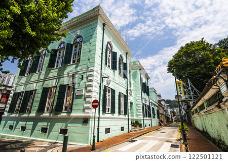 Building view of  Coloane History Museum, a traditional Europe Style house at Taipa Village in Macau, China. 122501121