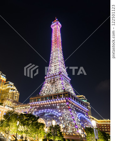 The night lights of Cotai island Macao with the Parisian Hotel, the large hotel and casino in Macao. The night lights of Cotai island Macao with the Parisian Hotel, the large hotel and casino in Macao. 122501123