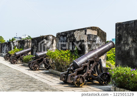 Replica cannon and defense wall of Mount Fortress, Fortaleza do Monte is located in Santo Antonio in Macau. The fort is one of the UNESCO World Heritage. 122501129