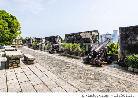 Replica cannon and defense wall of Mount Fortress, Fortaleza do Monte is located in Santo Antonio in Macau. The fort is one of the UNESCO World Heritage. 122501133